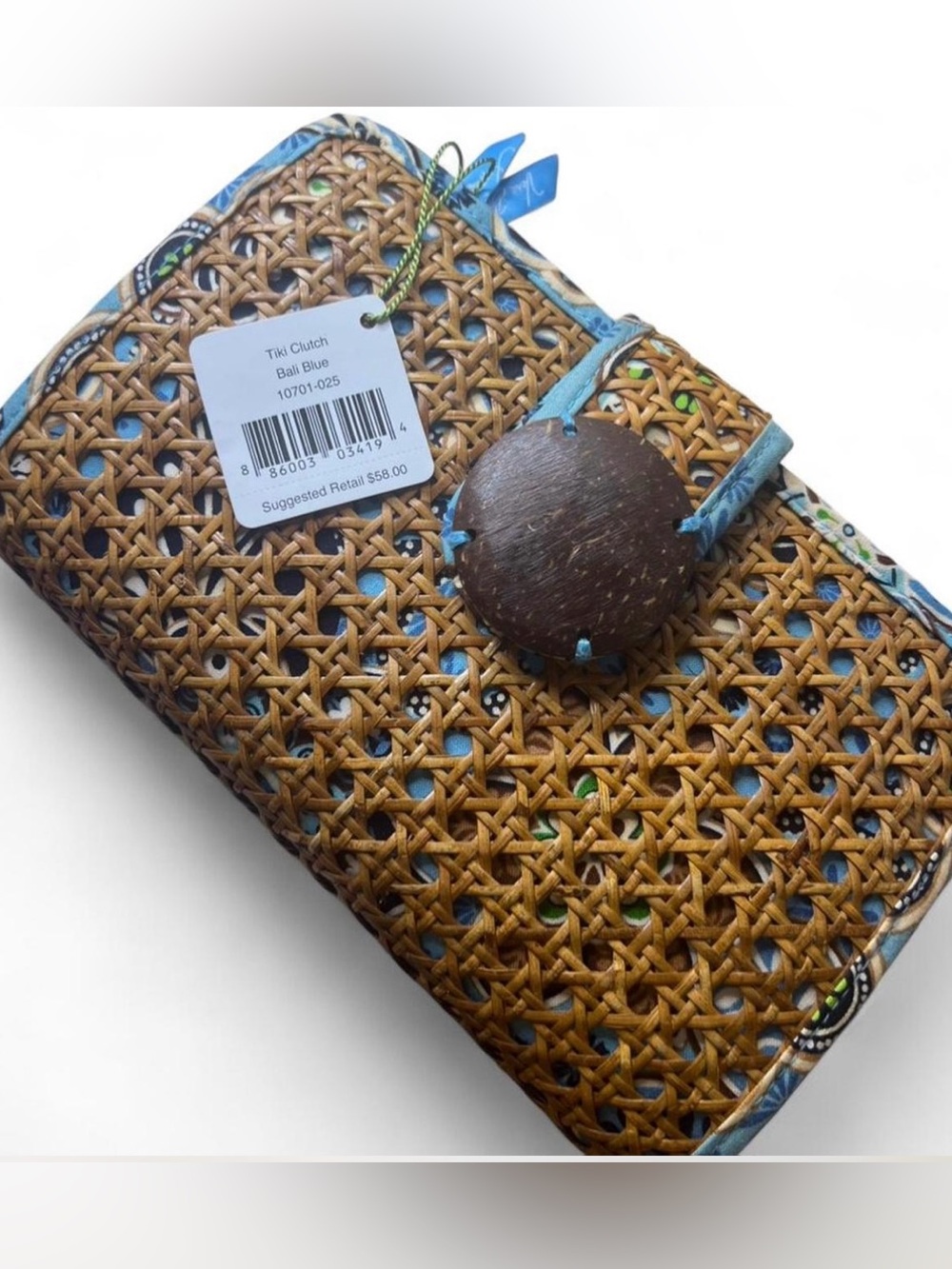 NWT ~ Vera Bradley Tiki Clutch Bali Blue Woven Rattan Clutch
